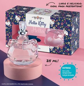 Jequiti apresenta Estojo Hello Kitty com as fragrâncias: Colônia Estilosa e Colônia Sweet.